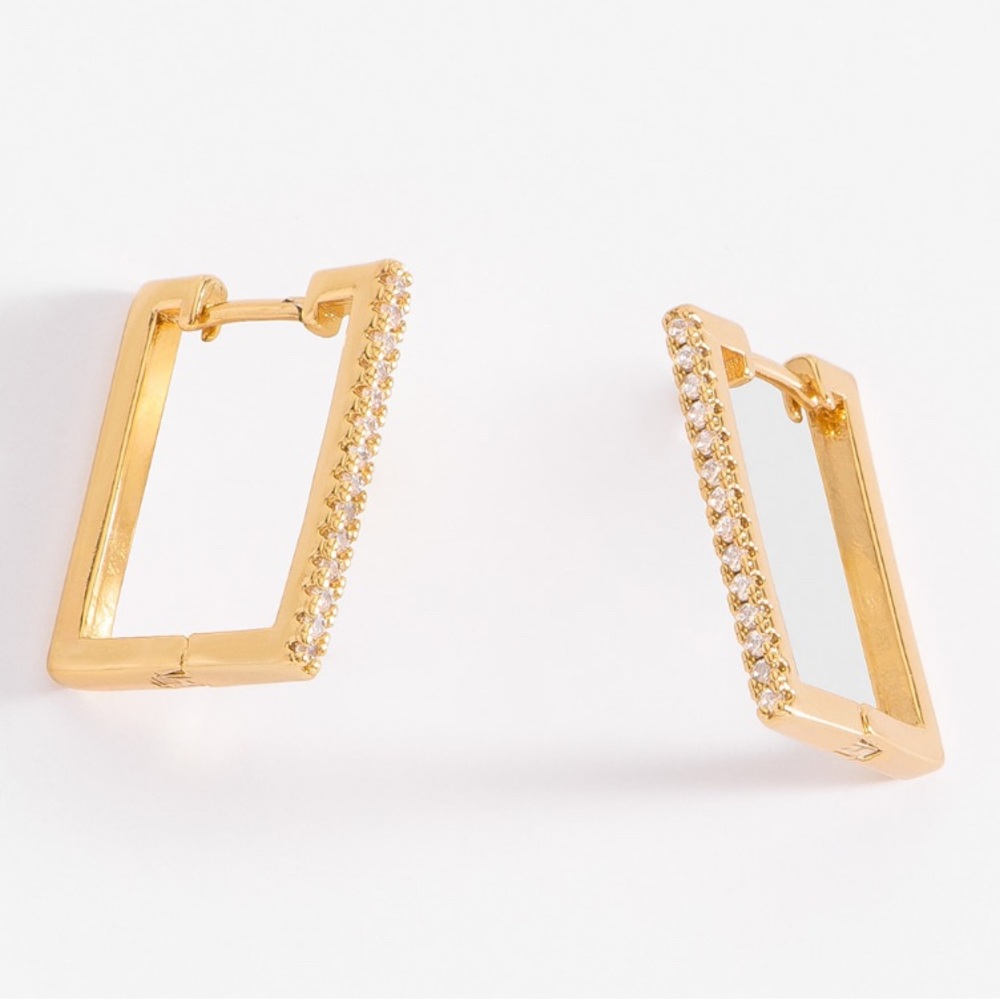 18 K Gold plated Rectangular Hoop Earrings with Swarovski crystals in white BNIB